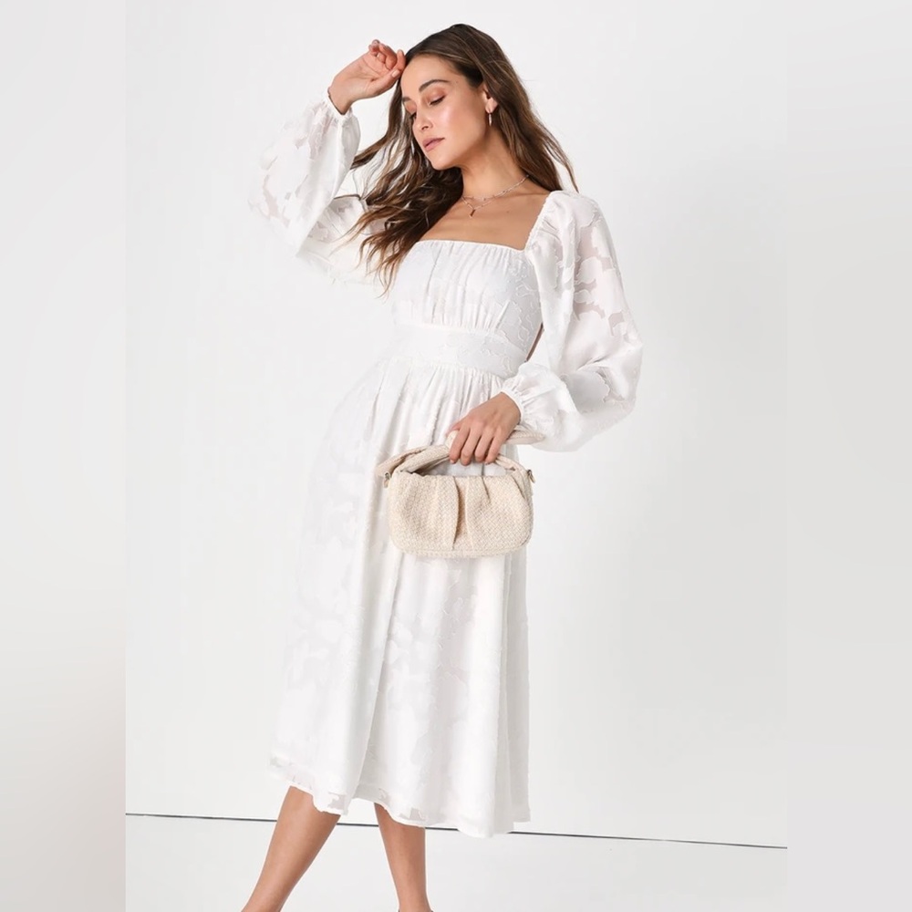 White Floral Jacquard Lace Midi Dress
